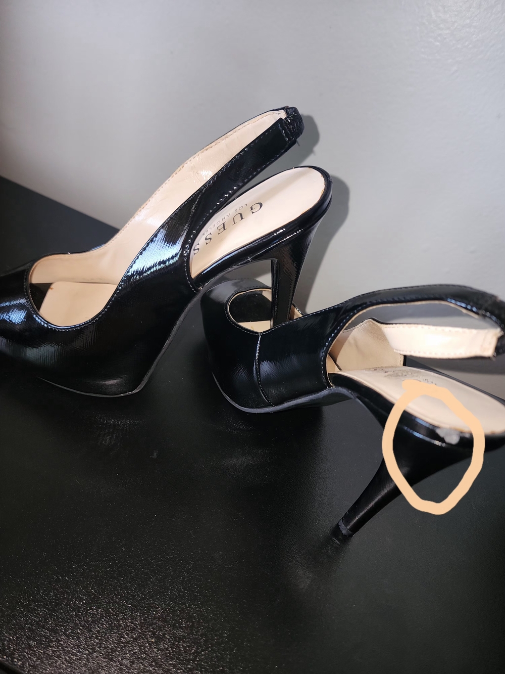 GUESS Black Patent Leather Peep-Toe Slingback Stilettos - Picture 6 of 6